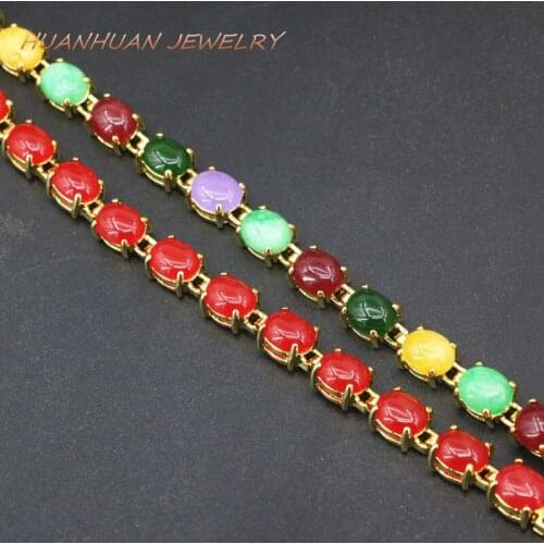 Copper Color-Color Link Bracelet Multicolor 6x8mm Bangle Bracelets Women Natural Stone Jades Chalcedony Jewelry 7.5inch B3397