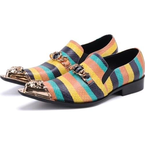 Handmade Striped Mixed Color Genuine Leather Oxford Men Gold Metal Head Pointed Toe Wedding Dress Party Mens Shoes Zapatos