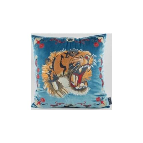 Rural Style Sofa Bed Couch Balcony Cushion Cover Soft Velvet Embroidery Tiger Head Royal Blue Pillow Cases 50x50cm