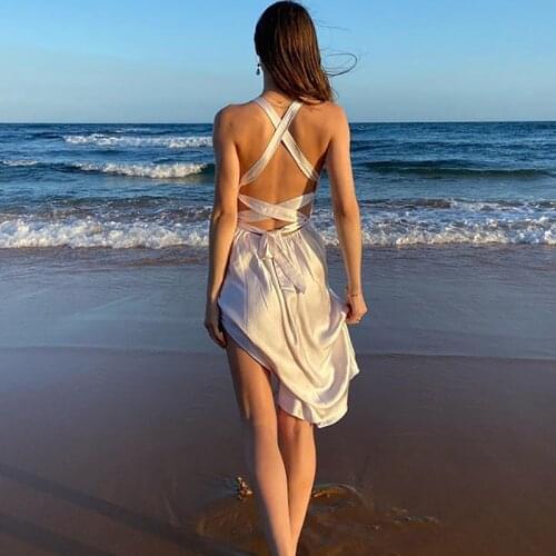 White Satin Dress Women 2021 Summer Sexy Deep V-Neck Backless Bandage Side Split Knee-Length Dress Woman NightClub Party Dresses