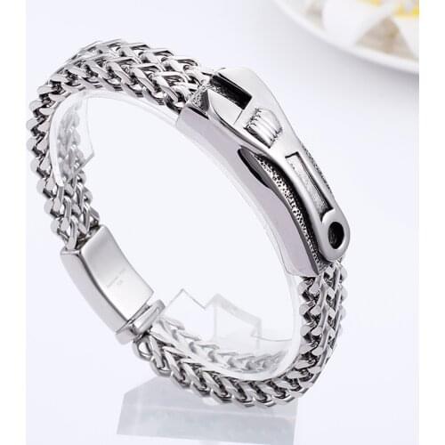 Religious Mens 316L Stainless Steel Biker spanner ID Double figaro Chain Bracelet jewelry 12mm 8.66'' Large