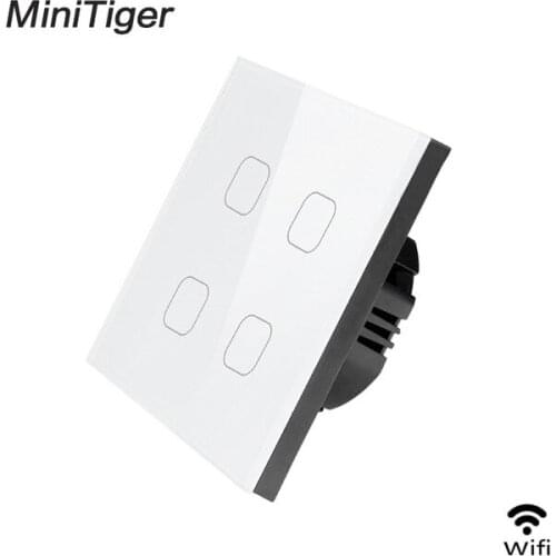 Minitiger Smart Home 4 Gang 1 way Wireless WiFi EU Standard Touch Switch Wall Light Switch,White Luxury Crystal Glass
