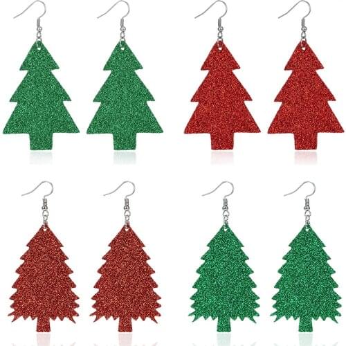 Red Green Tree Shining Glitter PU Leather Earrings Christmas Tree Pine Tree Sparkly Leather Drop Earrings Xmas Jewelry Gift