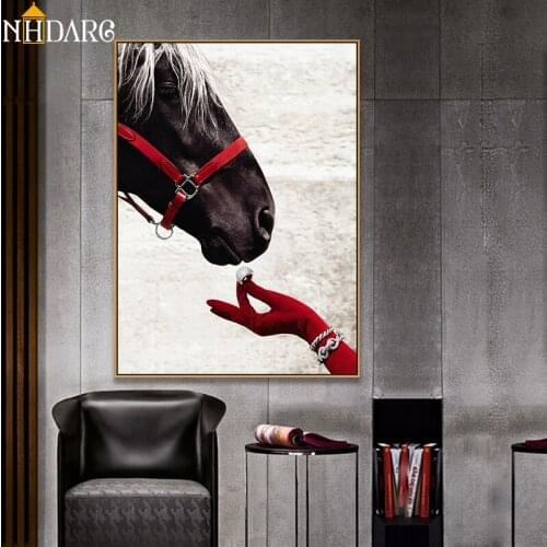 Modern Fashion Animal Horse Red Gloves Posters and Prints Canvas Painting Wall Art Wall Pictures for Living Room Home Decor