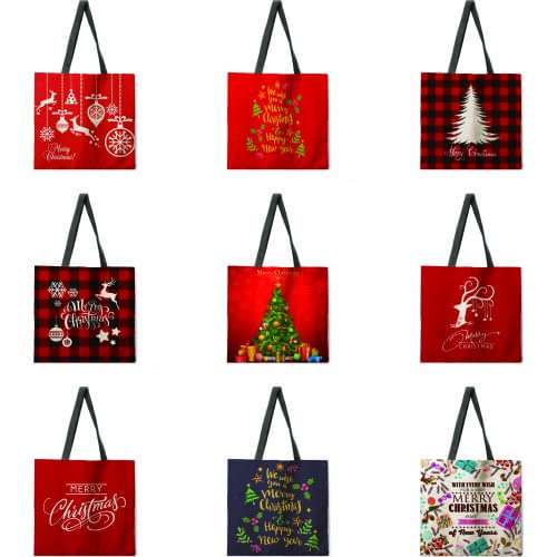 Red Christmas tree print tote bag linen fabric bag casual folding shopping bag outdoor beach bag daily handbag