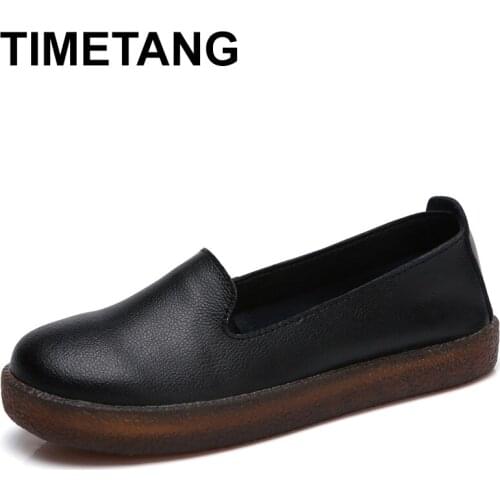 TIMETANG Women Flats Shoes Genuine Leather Slip-on Round Toe Muscle Sole Ladies casual Shoes Comfortable Soft Shoes Female Fall
