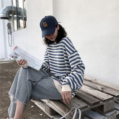 Hoodies Women Harajuku Gothic stripe cotton Hoodie Clothes 2021 Autumn long sleeve loose Kawaii Korean thin Sweatshirt kpop Tops