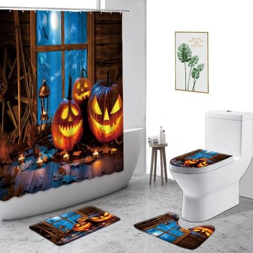 3D Halloween Shower Curtain Funny Black Cat Pumpkin Elf Holiday Dress Up Bathroom Set Non-Slip Carpet Waterproof Bath Curtains