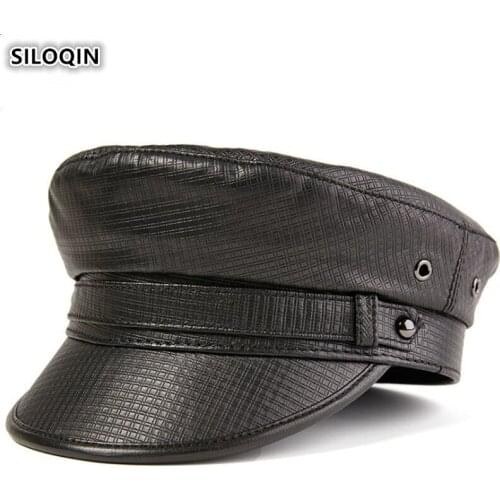 SILOQIN Womens Elegant Fashion Sheepskin Leather Caps Genuine Leather Hats Autumn Mens Flat Cap Army Military Hat Couple Hat