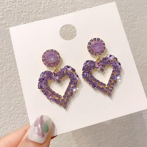 Korean Style Purple Crystal Heart Earrings for Women Girls Fashion Chic Elegant Rhinestone Big Ear Jewelry Party Pendientes C350