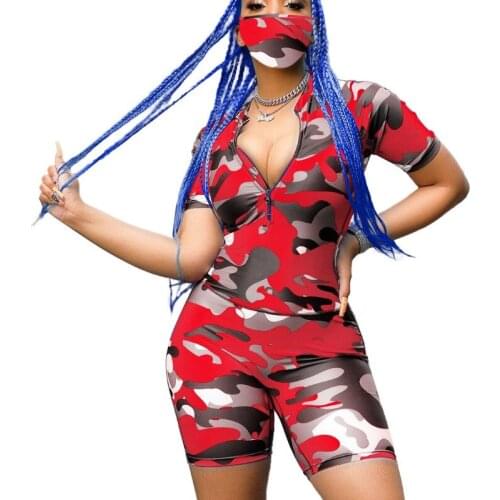 High Elasit Camouflage Print Two Piece Set With Mask Summer Clothes For Women Zipper Up Short Sleeve T-Shirt And Fitness Shorts