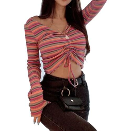 2021 Fashion Trend Womens Sexy Drawstring Crop Top Long Sleeve V Neck Striped Print Knit Tee Autumn New Fitting T-shirts 1 Size