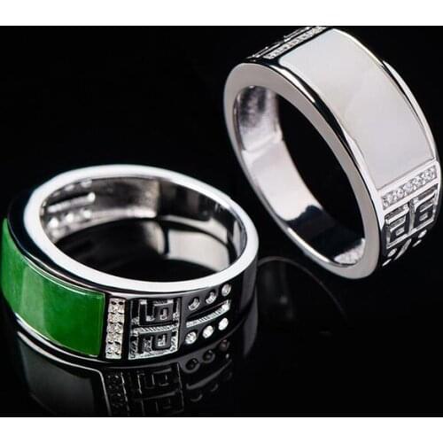925 silver Retro natural Xinjiang HeTian Jasper men and women lovers fashionable white jade inlaid rings