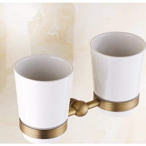 Antique copper bathroom double cup tumbler holder, Double rinse cup holder shelf, Brass retro lovers double cup rack