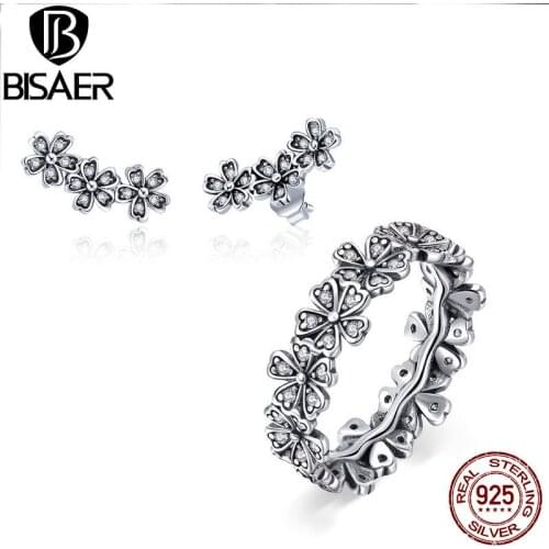 BISAER 925 Sterling Silver Jewelry Sets Daisy Flower Wedding Bride Bridal Jewelry Set Sterling Silver 925 Jewelry Anel Collar