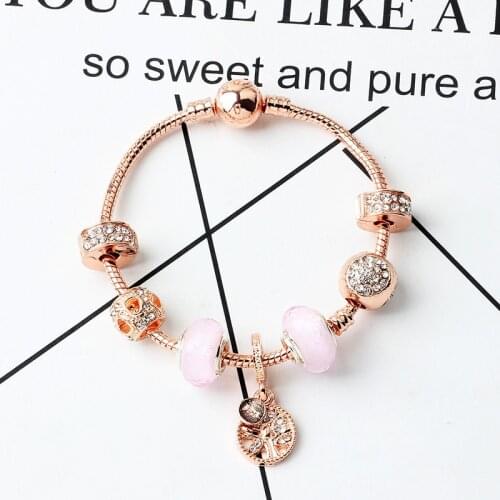 Rose Gold Lucky Family Tree Women Bracelet Charms Pink Glass Beads Tree of Life Bracelet