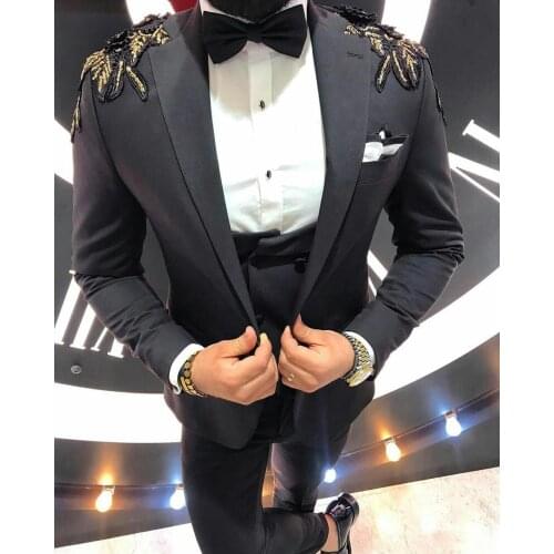 Black Wedding Tuxedos Luxury Gold Appliques One Button Slim Fit Groom Wear Party Prom Best Men Blazer Suits (Jacket+Pants)