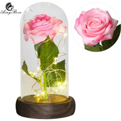 AINYROSE Artificial Flowers With LED Light Lamp The Beast Rose In Glass Dome for Wedding Valentines Gifts Christmas Birthday