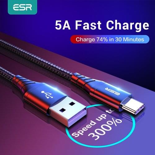 ESR 5A USB Type C Cable 1m 2m Fast Charging Type-C Cable for Huawei P30 P20 Mate 20 Pro Phone Supercharge QC3.0 USBC Cabo Black