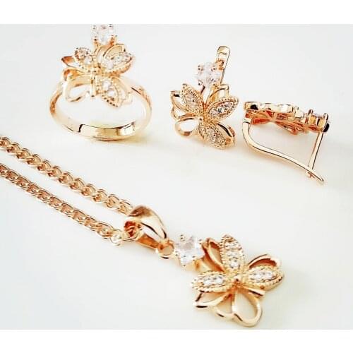 New 585 Gold Jewelry Set Fashion Wedding Jewelry Exquisite Flower Design Earring+Ring+Necklace Jewelry Sets