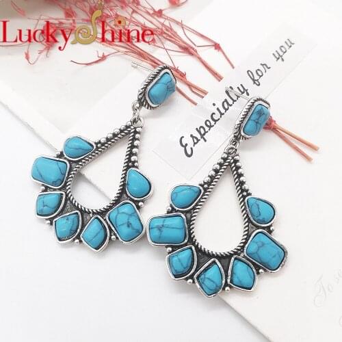 Luckyshien NEW Mix Natural Stone Vintage Jewelry Dangle Earrings Women Ethnic Style Silver Turquesa Earrings