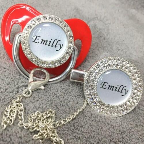 MIYOCAR custom any glitter name photo red bling pacifier and pacifier clip silver BPA free dummy bling glitter design P5-1-BG