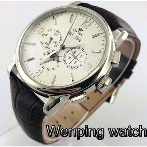 Ossna 42mm Mens Classic Fashion Automatic Watch Silver Case White Dial Moon Date Week Leather Strap Mens Top Mechanical Watch