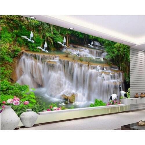 Custom mural photo 3d room wallpaper waterfall river forest crane home decoration painting 3d wall murals wallpaper for wall 3 d
