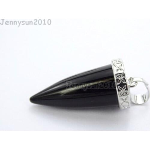 Natural Black Onyx Gems Stones Pointed Cone Spike Horn Tusk Tooth Silver Pendant Charm Beads Necklace Jewelry 10Pcs/Pack