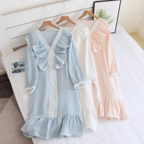 Japanese Nightdress Princess Style Long Skirt Pajamas Female Spring Summer Long-Sleeved Thin Cotton Crepe Sweet Lace Home Dress