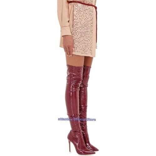 Thin High Heeled Pointed Toe Boots Women Stretch Leather Slim Fit Autumn Winter Slip On Over The Knee Thigh High Boots