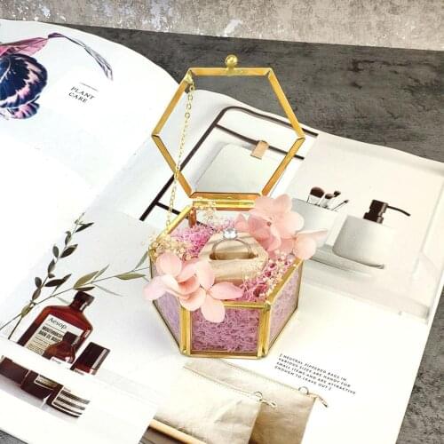 Nordic Geometric Personalized Wedding Glass Box Glass Ring Box Custom Name Glass Jewelry Box Pentagon Geometric Copper Ring Hold