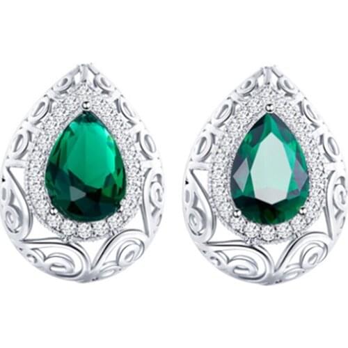 Vintage Luxury Water Drops Crystal Stud Earring Zircon Hollow Pattern Earrings For Women Korean Jewelry Green/Red Wholesale