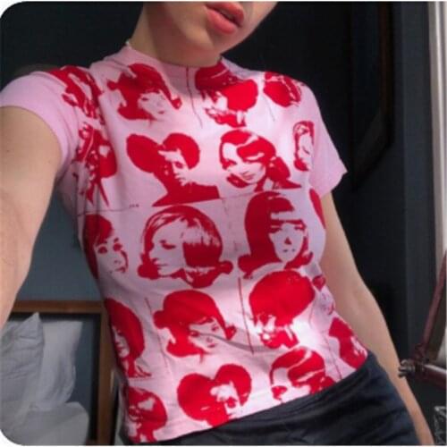 2021 Summer Womens Portrait Print T-Shirt Trendy Short Sleeve Crew Neck Slim Fit Tops Harajuku Streetwear Gothic Tops