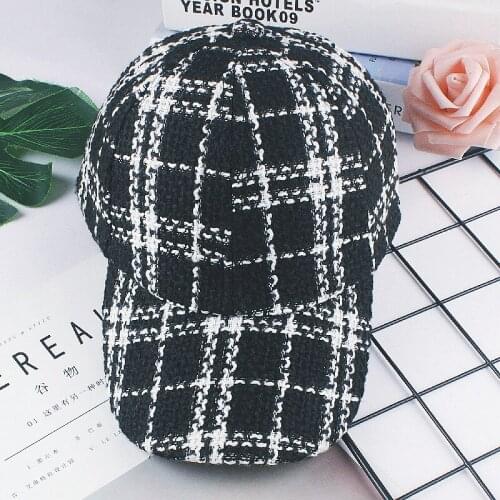 Womens Hat Plaid French Lattice Retro Breathable Houndstooth Woolen Cloth Winter hat Sun Hat Mens Baseball Cap Popular
