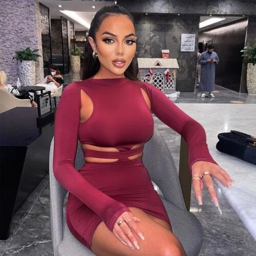 Wsevypo Office Lady Hollow-Waist Mini Bodycon Dress 2021 Autumn Womens Long Sleeve Round Collar Wrap Short Sheath Dress