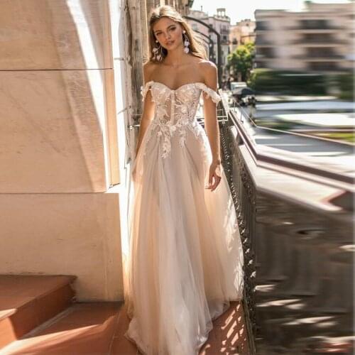 Sexy Off the Shoulder Beaded Appliqued Flower Boho Wedding Dress 2020 vestido de casamento robe Bridal Gowns