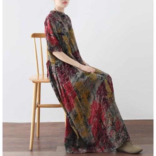 Women Loose 2020 Cotton Linen Printed Dress Ladies Vintage Print Dress Female Plus Size Dresses