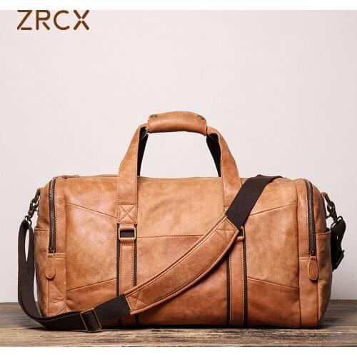 ZRCX High Quality Large Big Vintage Brown Coffee Genuine Leather Business Men Travel Bags Shoulder Messenger Duffle Bag