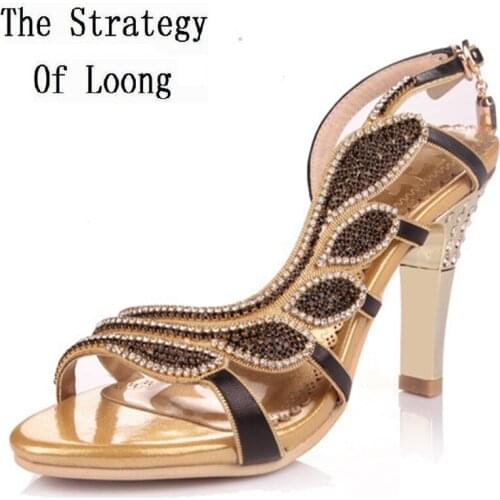 Genuine Leather Crystal Ankle Wrap Thic Heels Sandals Lady Sexy Rhinestone Sandals Fashion Summer Ladies Sandal Shoes SXQ0605