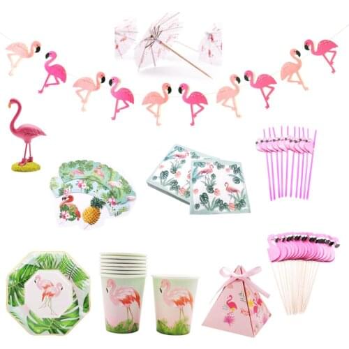Hawaiian Party Decorations Artificial Flowers Banner Paper Cups Straw Candy Box Flamingo Summer Tropical Party Wedding Decor