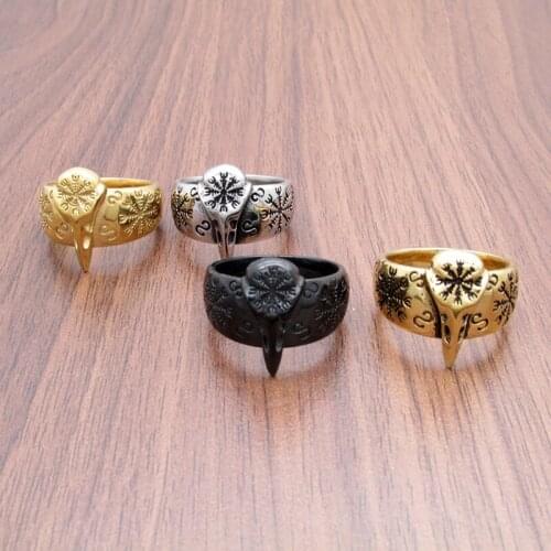 Free Shipping 316L Stainless Gold-Plated Nordic Viking Amulet Raven Head Ring Black Color Pagan Odin Rune Scandinavian Jewelry