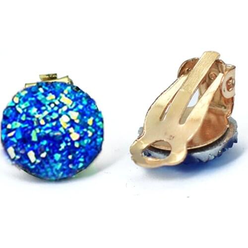 Bing Tu Gold Color Round Clip Earrings No Hole Blue White Geometric Earring Without Piercing Resin Ear Clips Crystal Jewelry