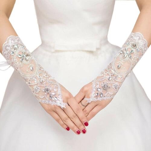 Lace Floral Rhinestone & Sequin Fingerless Wedding Party Bridal Gloves