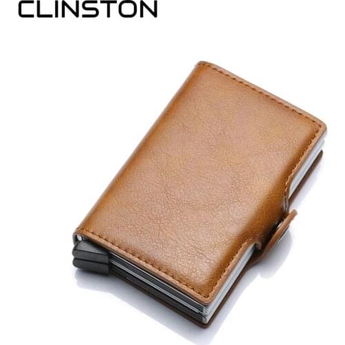 TOP RFID Mens Leather ID Credit Card Holder Male Automatic Aluminum Alloy Hasp Business Double Layer Cardholder Wallet for Man