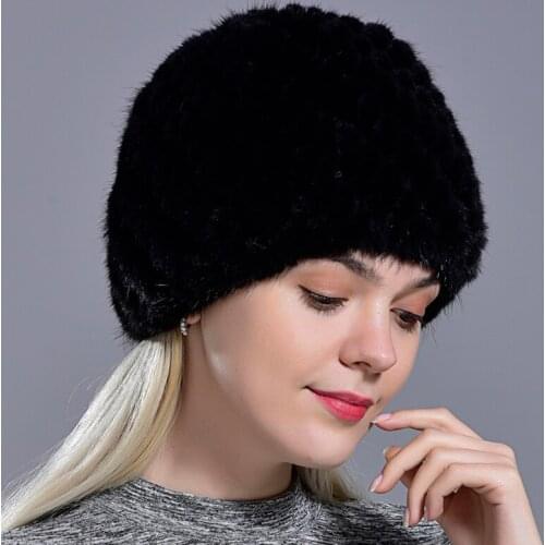 Mink winter womens fur hats natural real fur knitted cap fashionable fluffy ladies genuine fur beanie female black fur caps