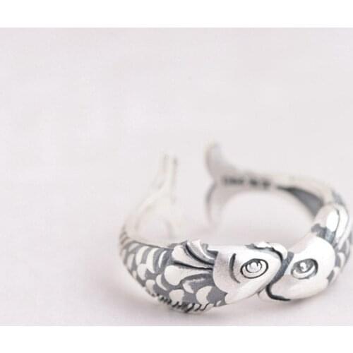 New Retro Silver Plated Jewelry Fashion Little Goldfish Pisces Fish Kiss Animal Elegant Opening Ring Charm Womens Ring