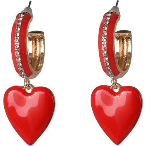 Rongho New Punk Enamel Heart Earrings for Women Crystal Geometric Circle Earring Femme Brincos Vintage Heart Pendant Earring