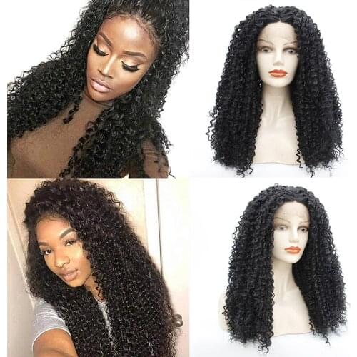 Cheap Sexy 180% Density 1b# Long Kinky Curly Glueless High Temperature Fiber Hair Synthetic Lace Front Wigs Natural Hairline