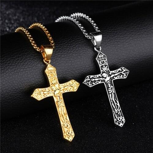 Crucifix Cross Pendant Necklace Stainless Steel Male Punk Necklaces Round Bead Chain Men Women Necklaces Jewelry Gifts